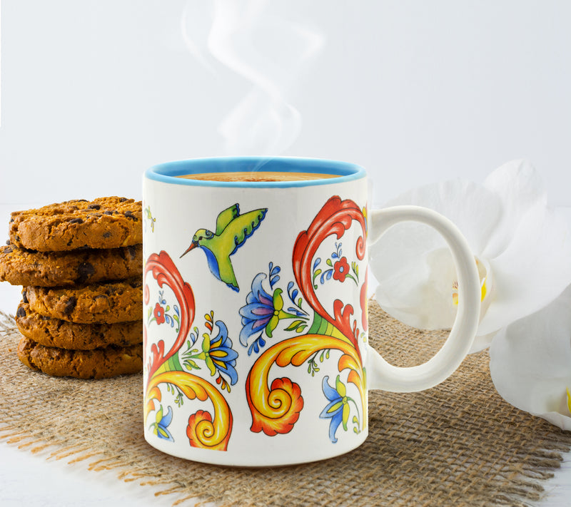 Ceramic Coffee Mug Rosemaling & Humingbird