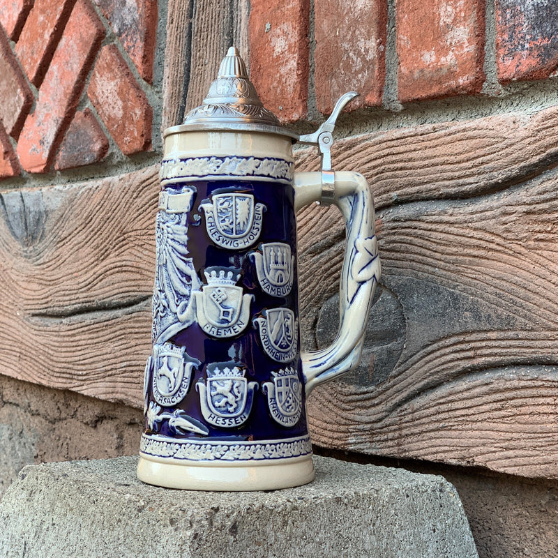 Cobalt Blue Germany Coats of Arms Engraved Beer Stein with Metal Lid