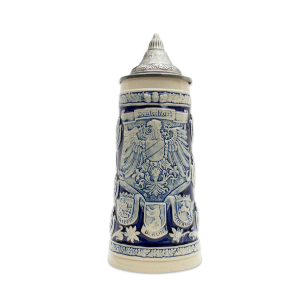Classic Blue Beer Stein with Coat of Arms Engravings