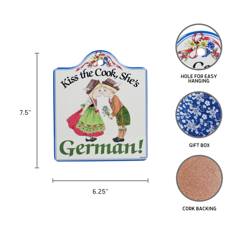 Cork Backed Ceramic Cheeseboard: Kiss the Cook German