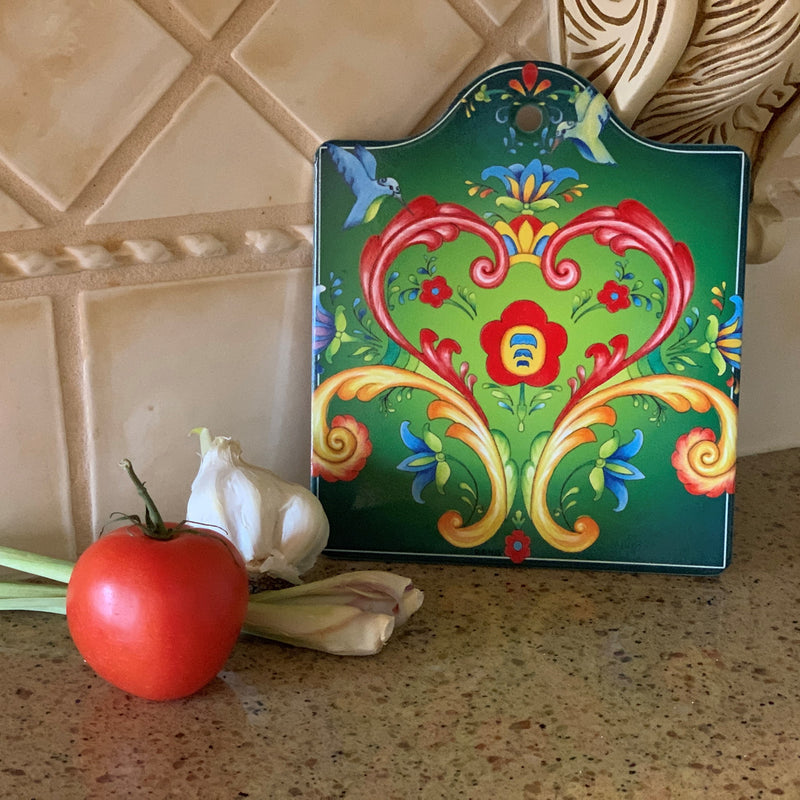 Rosemaling Green Ceramic Cheeseboard Kitchen Trivet