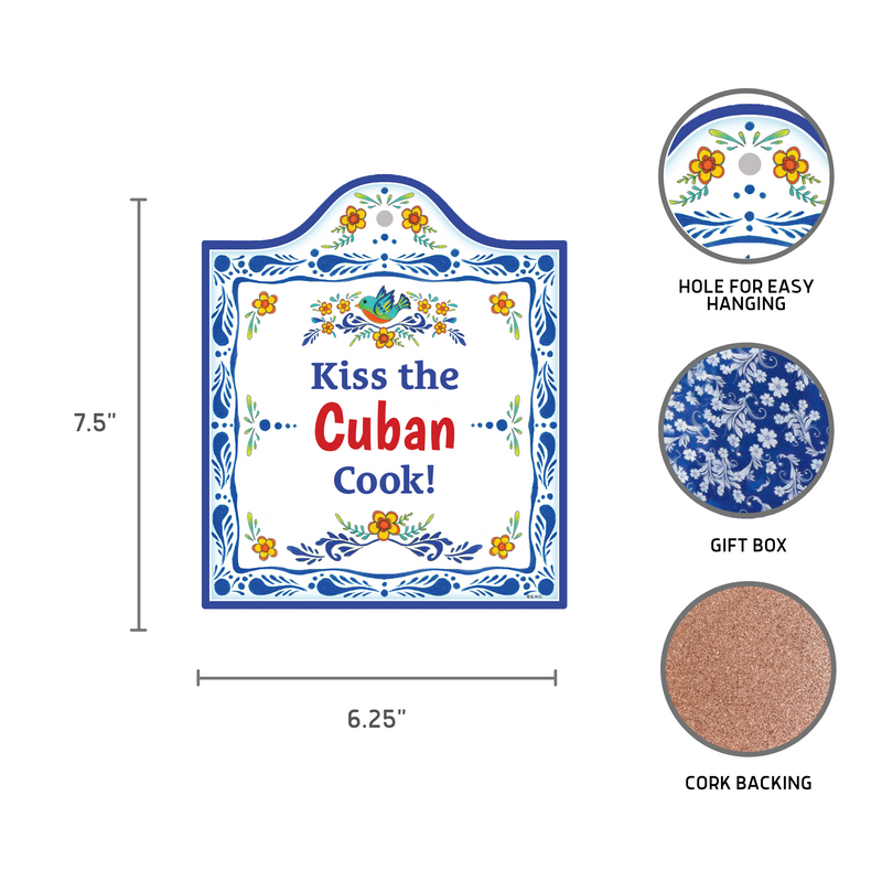 "Kiss the Cuban Cook" Cuban Gift Idea Latino Regalo Ceramic Cheeseboard Decorative 7.5" with Trivet Bird Motif with Cork Backing