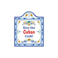 "Kiss the Cuban Cook" Cuban Gift Idea Latino Regalo Ceramic Cheeseboard Decorative 7.5" with Trivet Bird Motif with Cork Backing