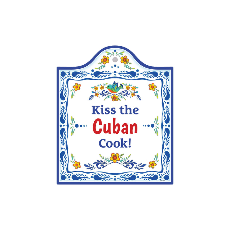 "Kiss the Cuban Cook" Cuban Gift Idea Latino Regalo Ceramic Cheeseboard Decorative 7.5" with Trivet Bird Motif with Cork Backing