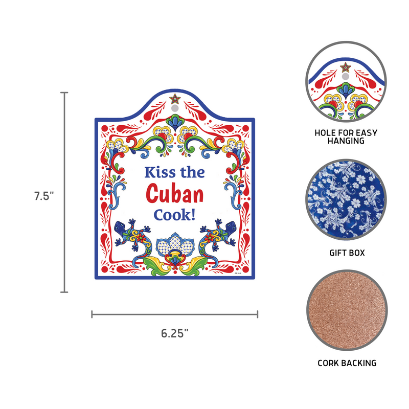 "Kiss the Cuban Cook" Cuban Gift Idea Latino Regalo Ceramic Cheeseboard Decorative 7.5" with Trivet Bird Motif with Cork Backing