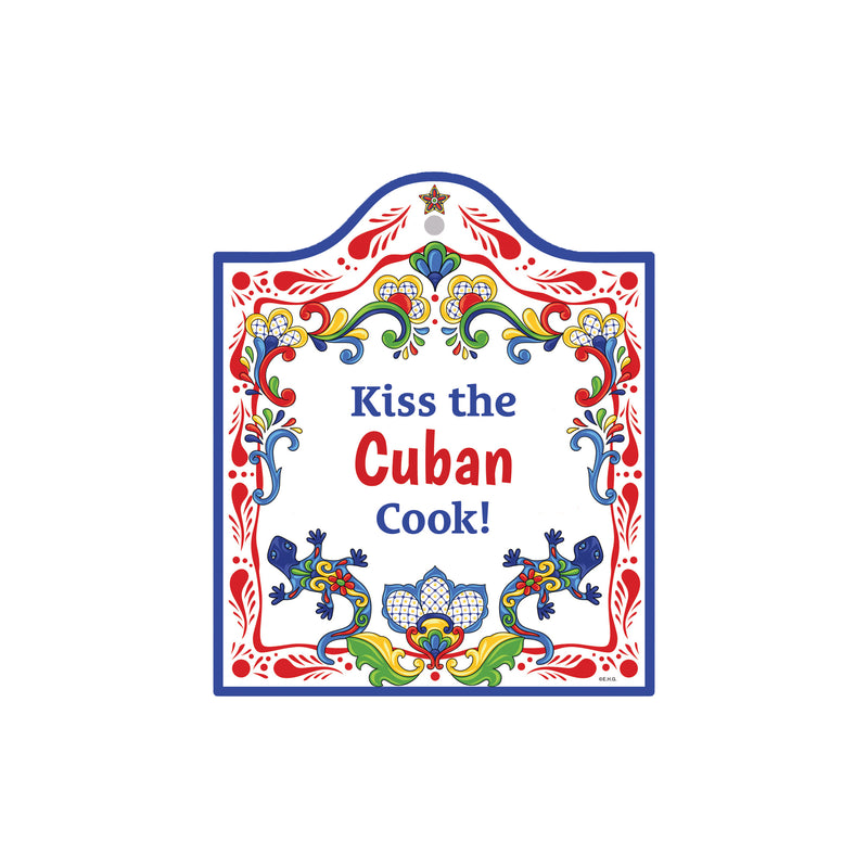 "Kiss the Cuban Cook" Cuban Gift Idea Latino Regalo Ceramic Cheeseboard Decorative 7.5" with Trivet Bird Motif with Cork Backing