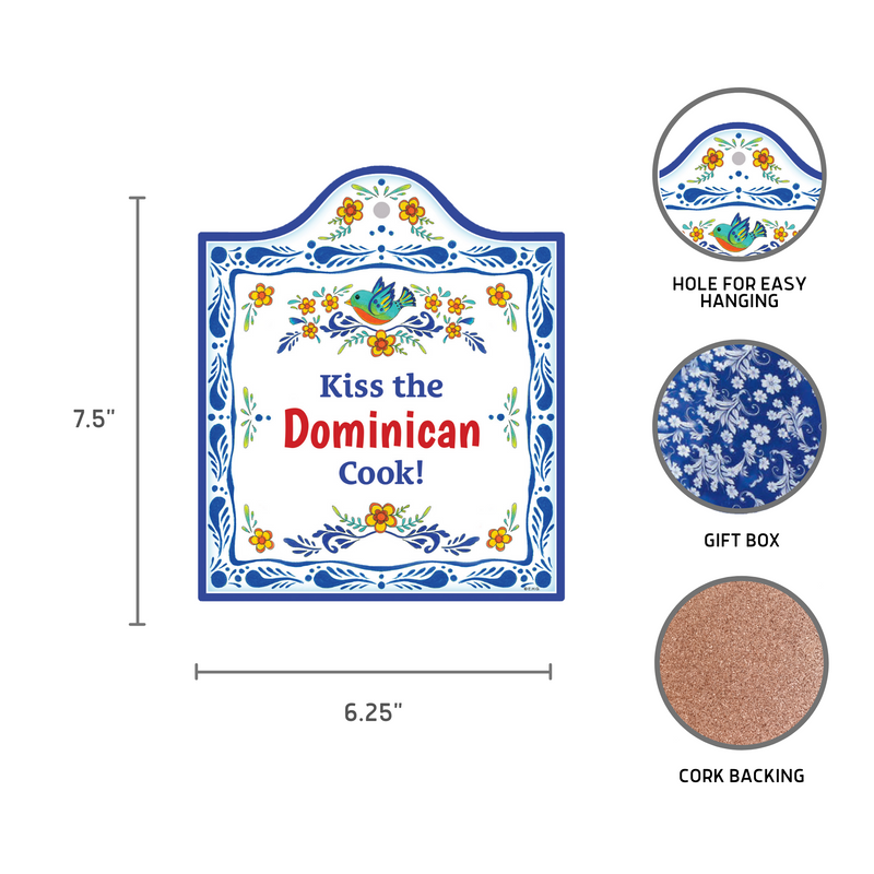 "Kiss the Dominican Cook" Spanish Gift Idea Latino Regalo Ceramic Cheeseboard Decorative 7.5" Trivet Bird Motif with Cork Backing