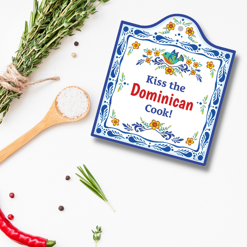 "Kiss the Dominican Cook" Spanish Gift Idea Latino Regalo Ceramic Cheeseboard Decorative 7.5" Trivet Bird Motif with Cork Backing