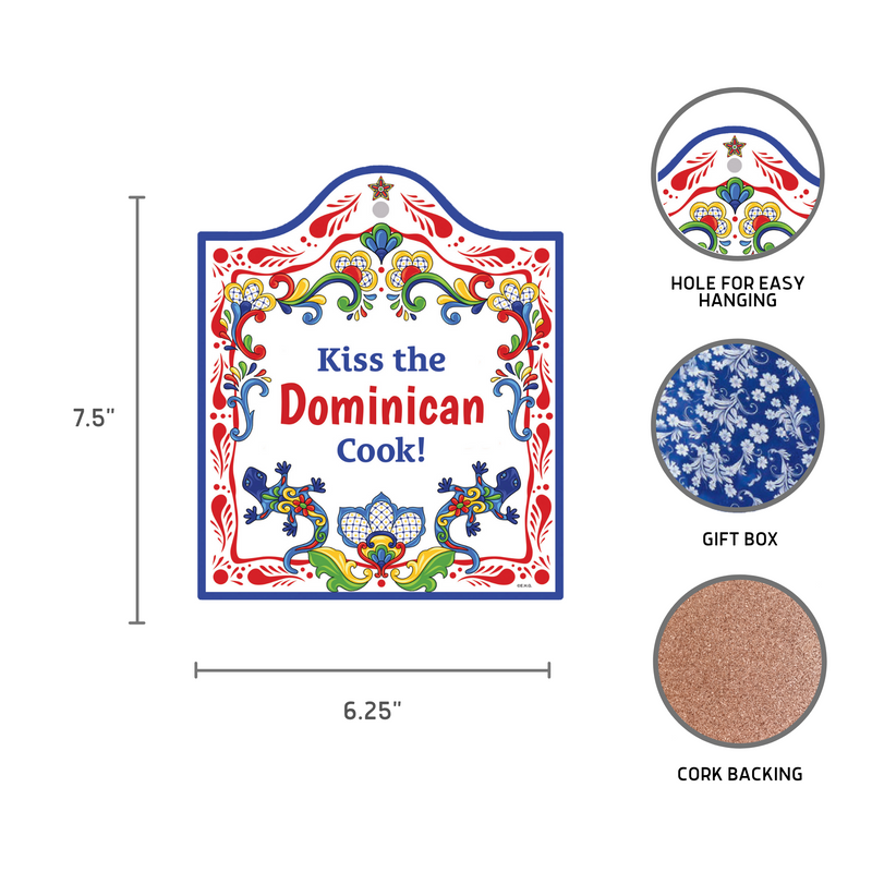 "Kiss the Puerto Rican Cook" Spanish Gift Idea Latino Regalo Ceramic Cheeseboard Decorative 7.5" Trivet Bird Motif with Cork Backing