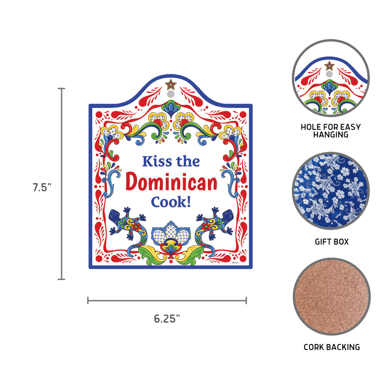 "Kiss the Dominican Cook" Spanish Gift Idea Latino Regalo Ceramic Cheeseboard Decorative 7.5" Trivet Bird Motif with Cork Backing