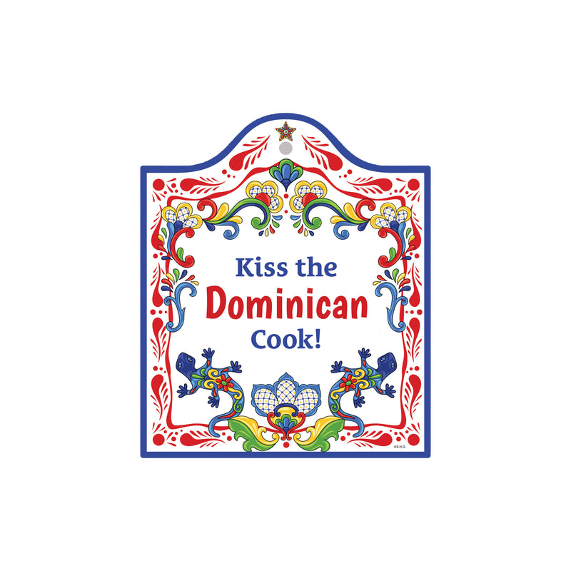 "Kiss the Dominican Cook" Spanish Gift Idea Latino Regalo Ceramic Cheeseboard Decorative 7.5" Trivet Bird Motif with Cork Backing