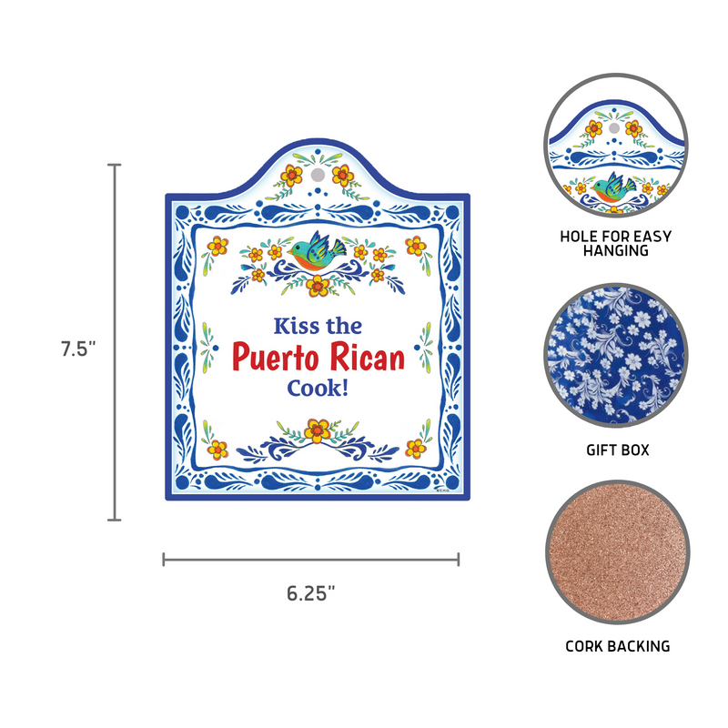 "Kiss the Puerto Rican Cook" Spanish Gift Idea Latino Regalo Ceramic Cheeseboard Decorative 7.5" Trivet Bird Motif with Cork Backing