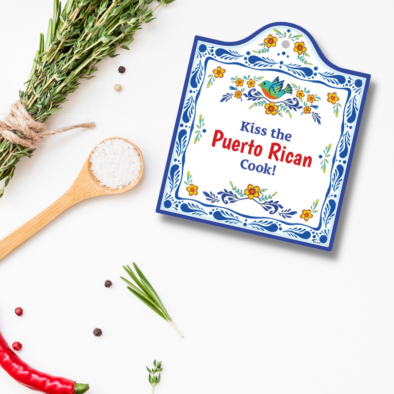 "Kiss the Puerto Rican Cook" Spanish Gift Idea Latino Regalo Ceramic Cheeseboard Decorative 7.5" Trivet Bird Motif with Cork Backing