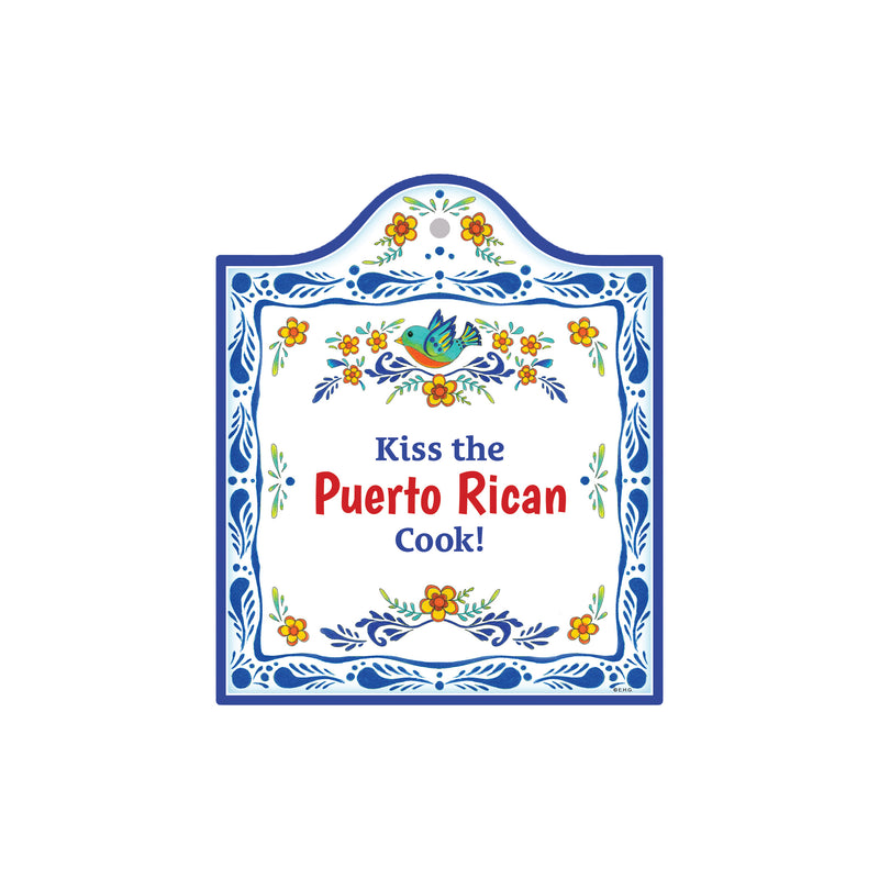 "Kiss the Puerto Rican Cook" Spanish Gift Idea Latino Regalo Ceramic Cheeseboard Decorative 7.5" Trivet Bird Motif with Cork Backing