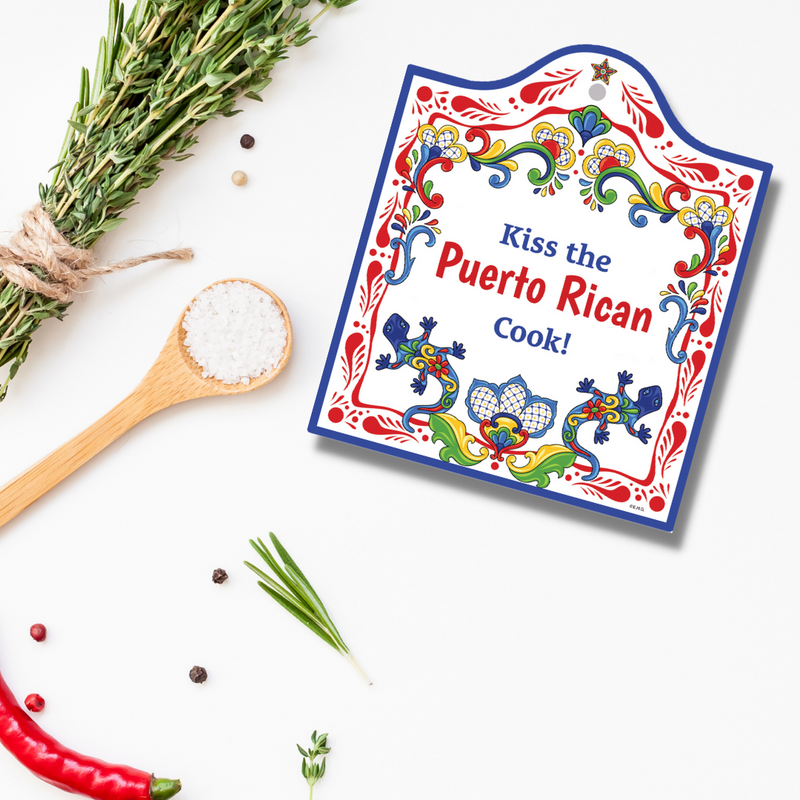 "Kiss the Puerto Rican Cook" Spanish Gift Idea Latino Regalo Ceramic Cheeseboard Decorative 7.5" Trivet Bird Motif with Cork Backing