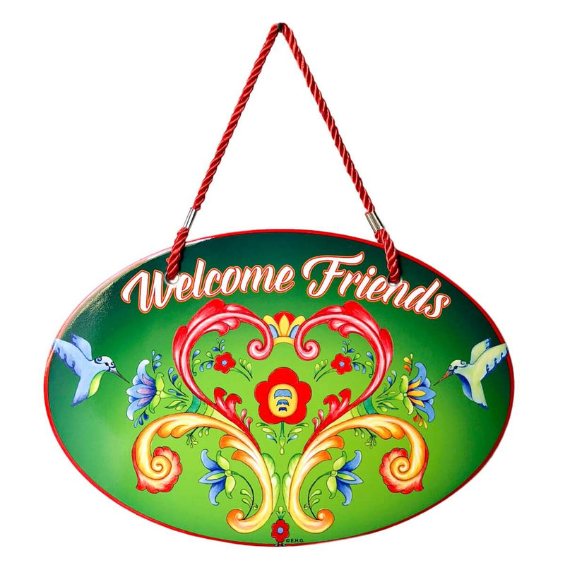 Welcome Rosemaling Green Decorative Ceramic Door Sign