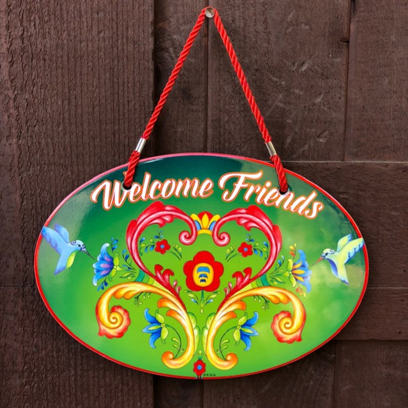 Welcome Rosemaling Green Decorative Ceramic Door Sign