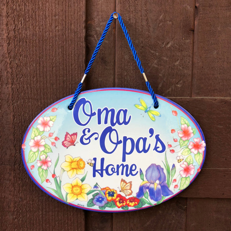 Ceramic Door Sign with the words "Oma & Opa's Home" engraved