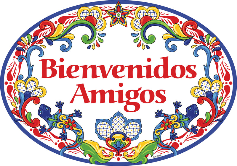 "Bienvenidos Amigos" Traditional Artwork Welcome Friends Ceramic 11x8 inches Spanish Front Door Sign with Gecko's Red Motif