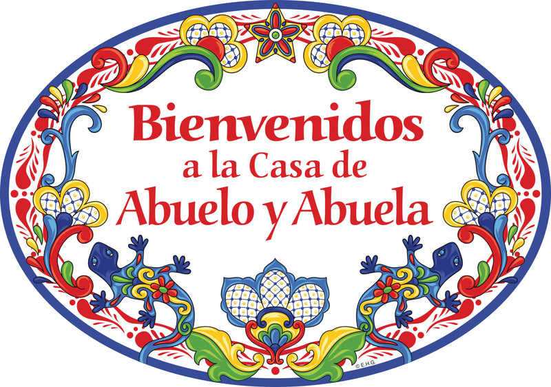 "Bienvenidos a La Casa de Abuelo & Abuela" Traditional Artwork Welcome To the Home of Grandpa & Grandma Ceramic 11x8 inches Spanish Regalo Gift Front Door Sign with Gecko's Red Motif