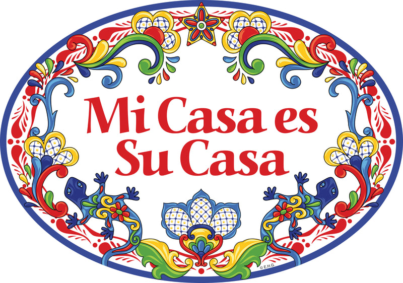 "Mi Casa es Su Casa" Traditional Artwork My House is Your House Ceramic 11x8 inches Spanish Front Door Sign with Gecko's Red Motif