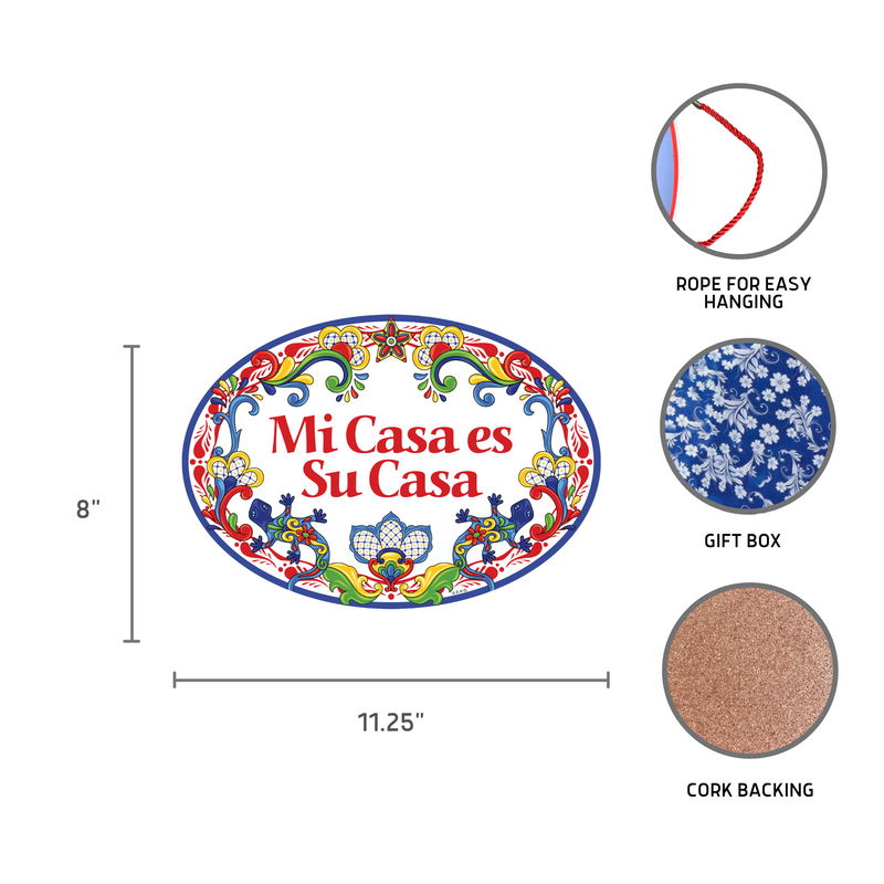 "Mi Casa es Su Casa" Traditional Artwork My House is Your House Ceramic 11x8 inches Spanish Front Door Sign with Gecko's Red Motif