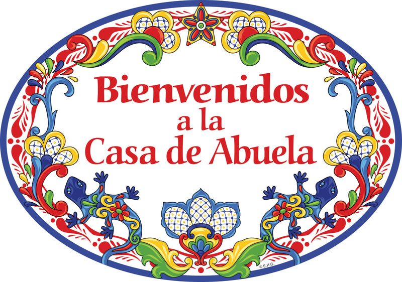 "Bienvenidos a La Casa de Abuela" Traditional Artwork Welcome to Grandma's Home Ceramic 11x8 inches Spanish Regalo Gift Front Door Sign with Gecko's Red Motif
