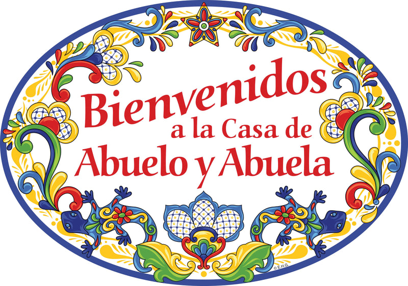 "Bienvenidos a La Casa de Abuelo & Abuela" Traditional Artwork Welcome To the Home of Grandpa & Grandma Ceramic 11x8 inches Spanish Regalo Gift Front Door Sign with Gecko's Yellow Motif