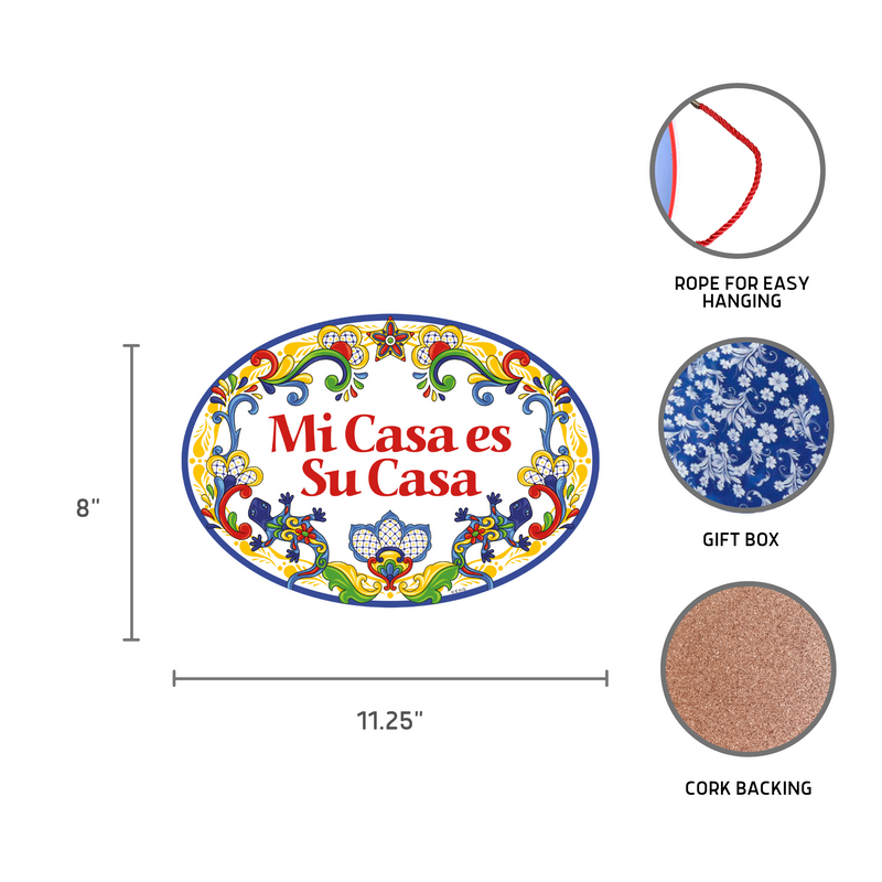"Mi Casa es Su Casa" Traditional Artwork My House is Your House Ceramic 11x8 inches Spanish Regalo Front Door Sign with Gecko's Yellow Motif