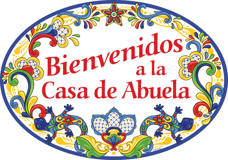 "Bienvenidos a La Casa de Abuela" Traditional Artwork Welcome to Grandma's Home Ceramic 11x8 inches Spanish Regalo Front Door Sign with Gecko's Yellow Motif