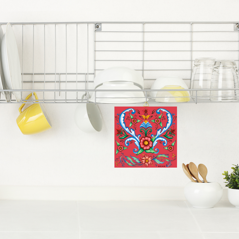 Red Rosemaling Ceramic Deluxe Plaque