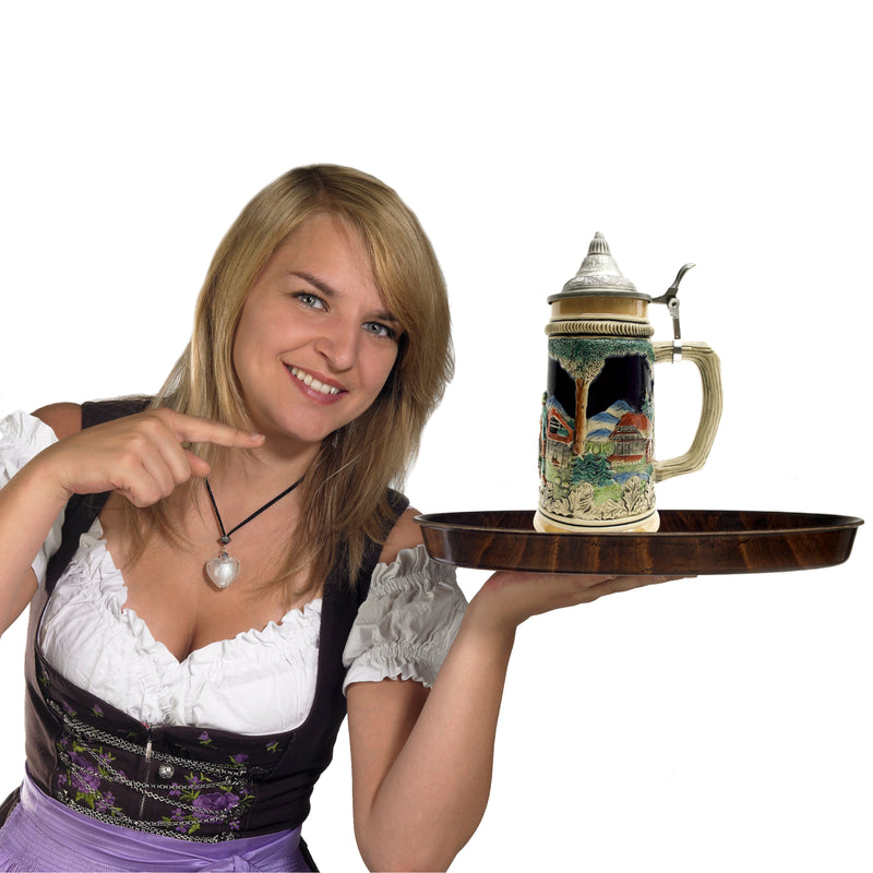 German Cuckoo Clock & Waterwheel Beer Stein with Metal Lid