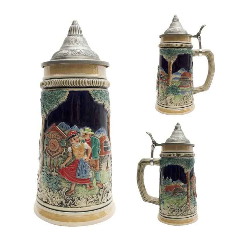 German Cuckoo Clock & Waterwheel Beer Stein with Metal Lid