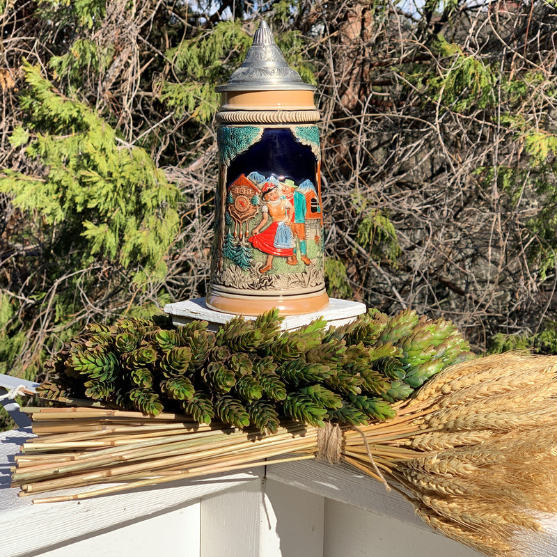 German Cuckoo Clock & Waterwheel Beer Stein with Metal Lid