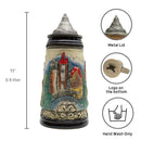 Classic scenes of Deutschland from mountain castles to famous landmarks featured on this ceramic beer stein with an ornate metal lid. This beer stein will make for a great classic gift or addition to your collection