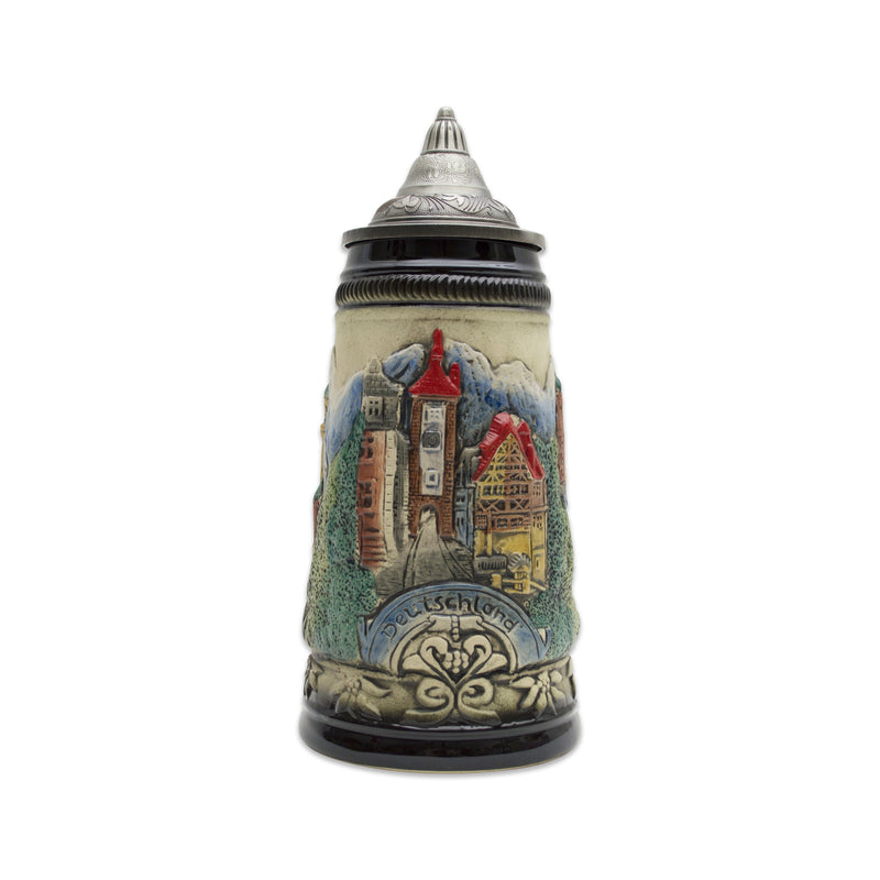 Classic scenes of Deutschland from mountain castles to famous landmarks featured on this ceramic beer stein with an ornate metal lid. This beer stein will make for a great classic gift or addition to your collection