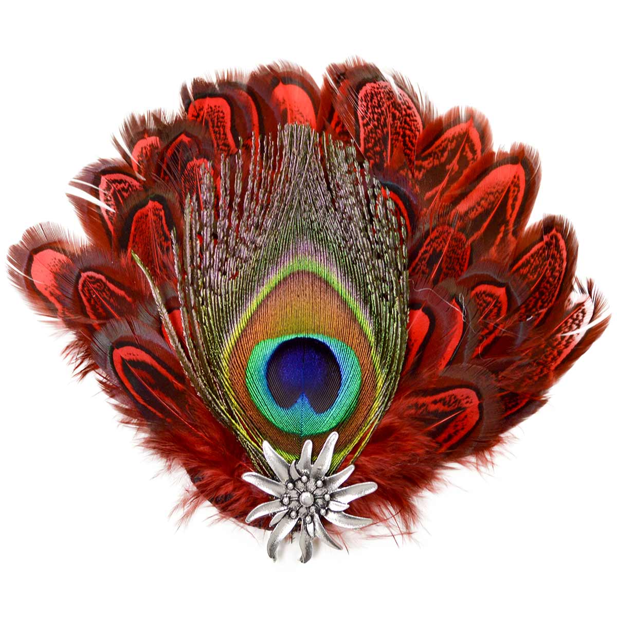 German Hat Pin Deluxe Peacock & Red Hat Feathers display picture 3