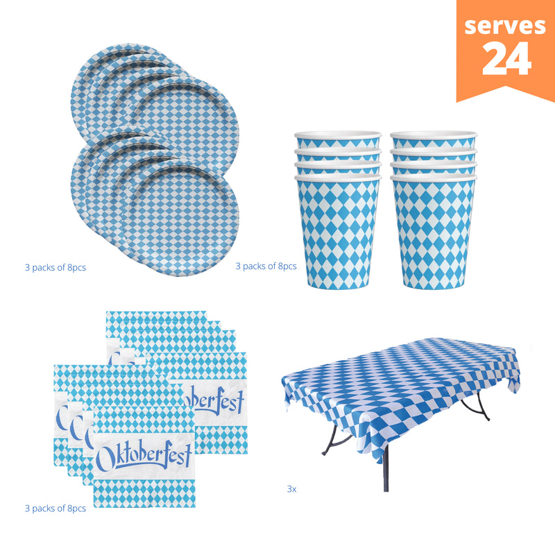 All-in-One Oktoberfest Party Pack Bundle with Bavarian Themed Plastic Deli Tableclothe, Paper Plates, and Napkins