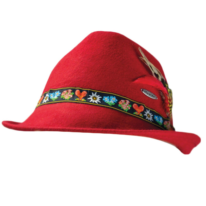 Tyrolean Alps Red 100% Wool Hat with Embroidered Band