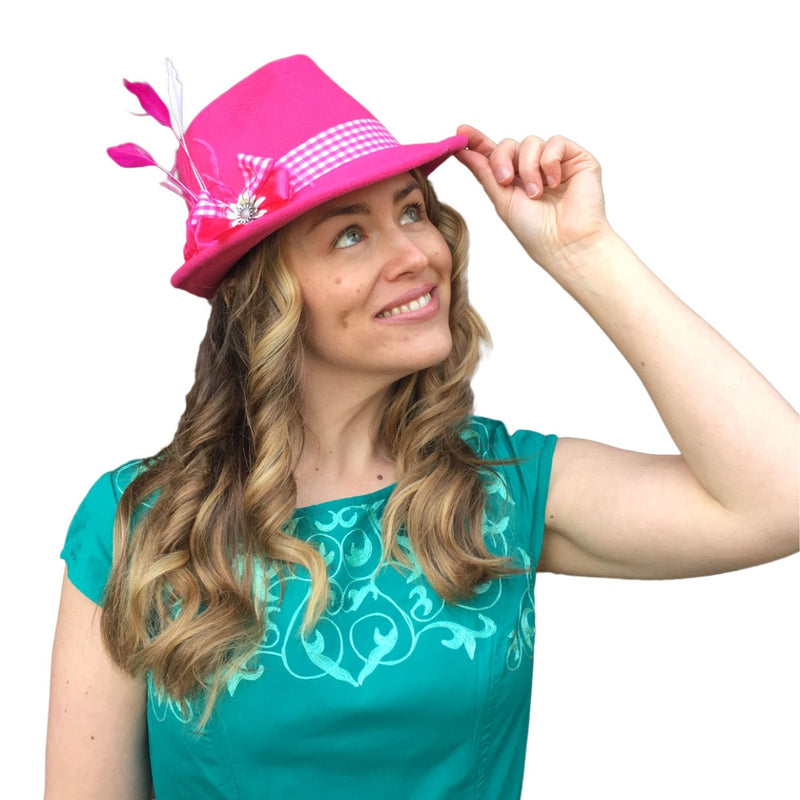 Pink Ladies Hat with Edelweiss Pin and Feathers