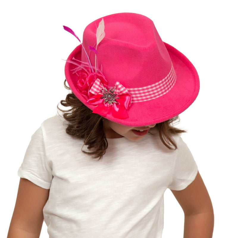 Pink Ladies Hat with Edelweiss Pin and Feathers