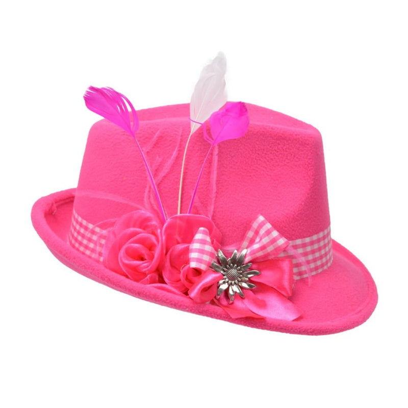 Pink Ladies Hat with Edelweiss Pin and Feathers