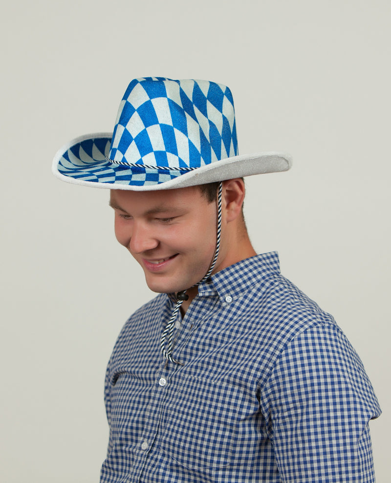 Bavarian Cowboy Oktoberfest Hat - Apparel-Costumes, Bavarian Blue White Checkers, Bayern, Felt, German, Germany, Hats, Hats-Kids, Hats-Party, Oktoberfest - 2 - 3 - 4 - 5 - 6 - 7 - 8