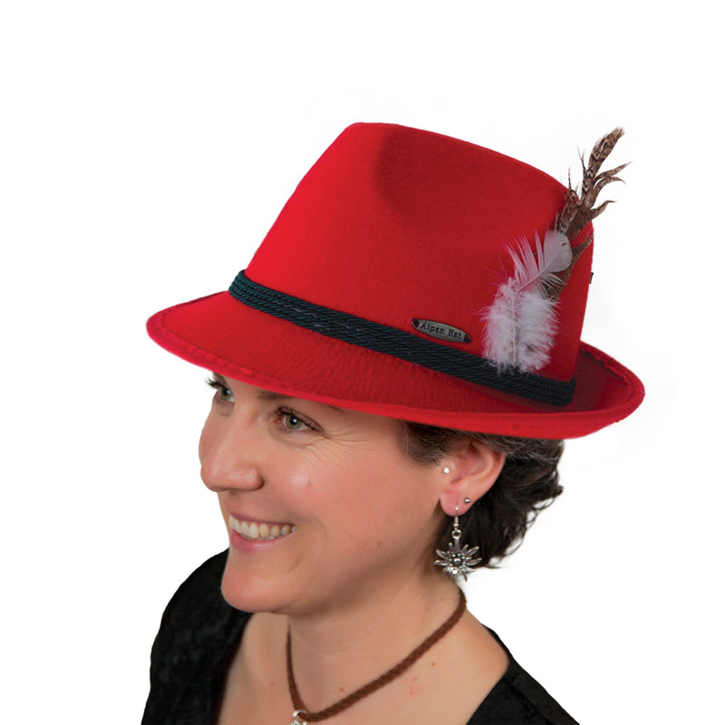 Traditional German Bavarian Red Felt Fedora for Men and Hat for Women with Feather Size Small