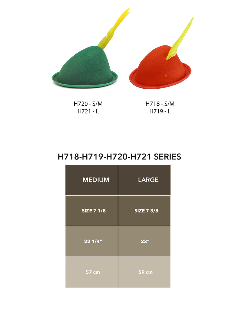 Oktoberfest  inchesPeter Pan inches Party Hat Green with Yellow Feather - Apparel-Costumes, felt, German, Germany, Hats, Hats-Kids, Hats-Party, L, Medium, Oktoberfest, Size, Small, Top-GRMN-B Hat Size Chart