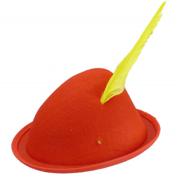 Oktoberfest  inchesPeter Pan inches Party Hat Red with Yellow Feather - Apparel-Costumes, felt, German, Germany, Hats, Hats-Kids, Hats-Party, L, Medium, Oktoberfest, Size, Top-GRMN-B