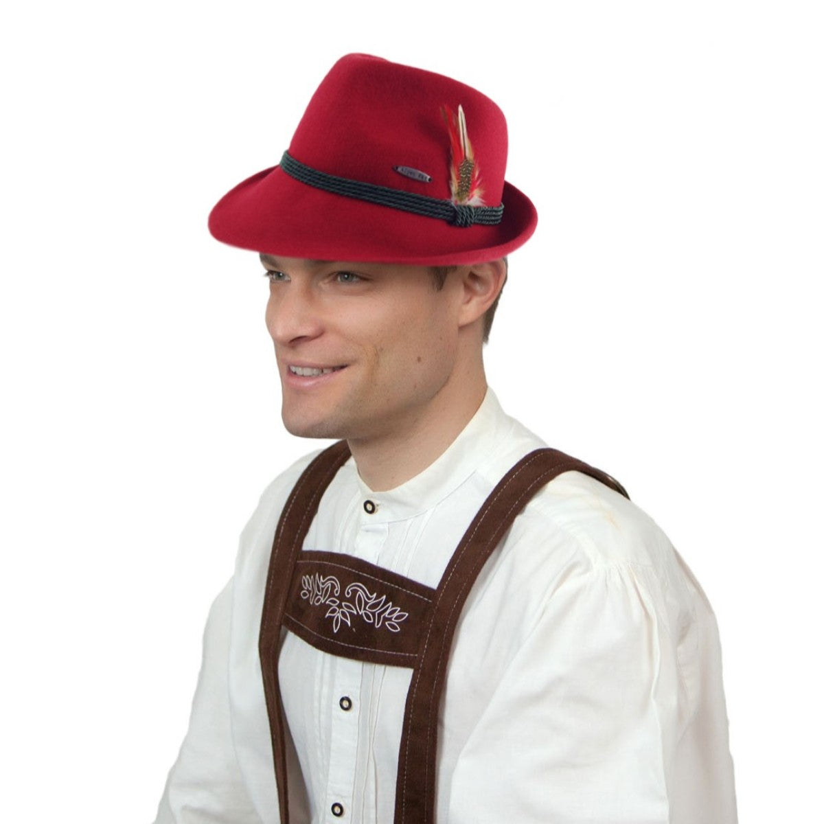 German Headwear Bavarian Alpine Hat Red 100% Wool Large Feather Oktoberfest For Sale German Alpine Hat - 100% Wool Tyrolean Hat With  main image 3
