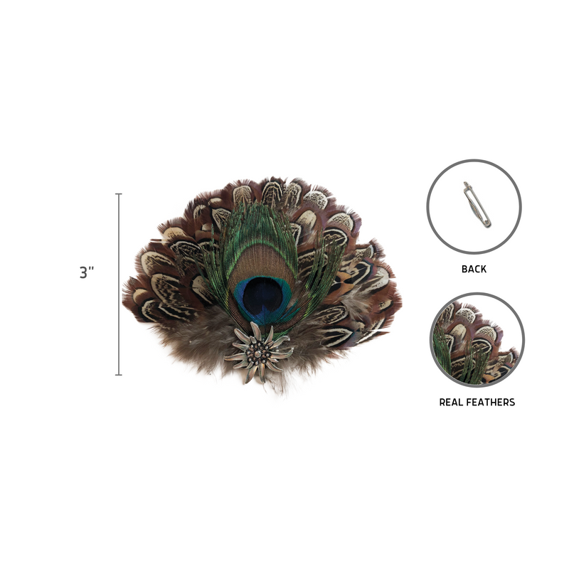 German Hat Pin Deluxe Peacock & Brown Hat Feathers