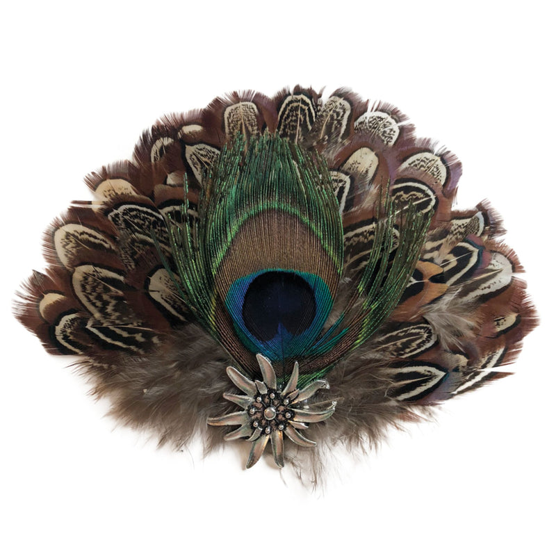 German Hat Pin Deluxe Peacock & Brown Hat Feathers