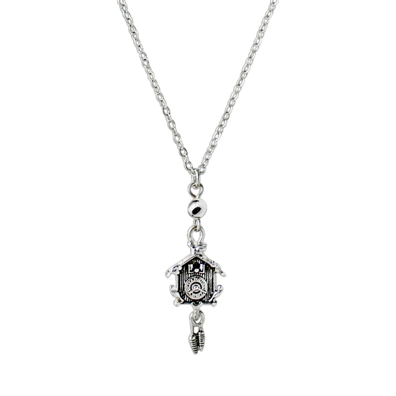 German Cuckoo Clock Pendant Necklace Silver Plated Chain